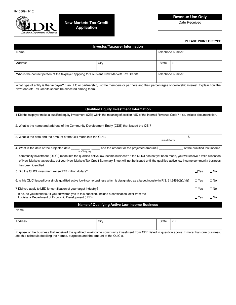 Form R-10609 New Markets Tax Credit Application - Louisiana, Page 1