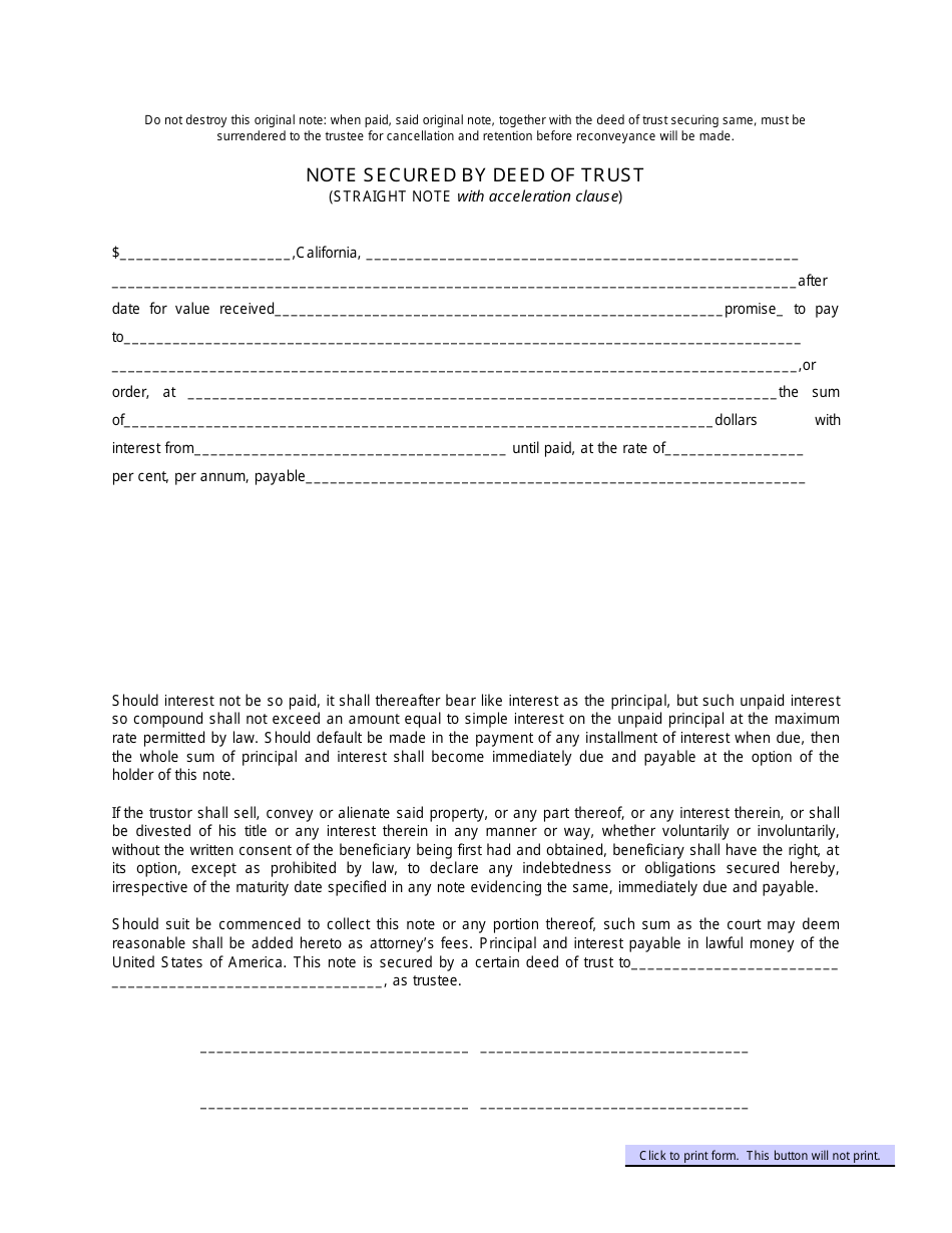 Note Secured by Deed of Trust Form, Page 1