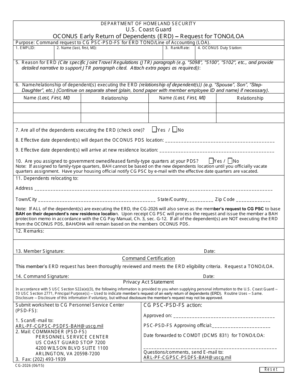 Form CG-2026 OCONUS Early Return of Dependents (Erd)-request for Tono / Loa, Page 1