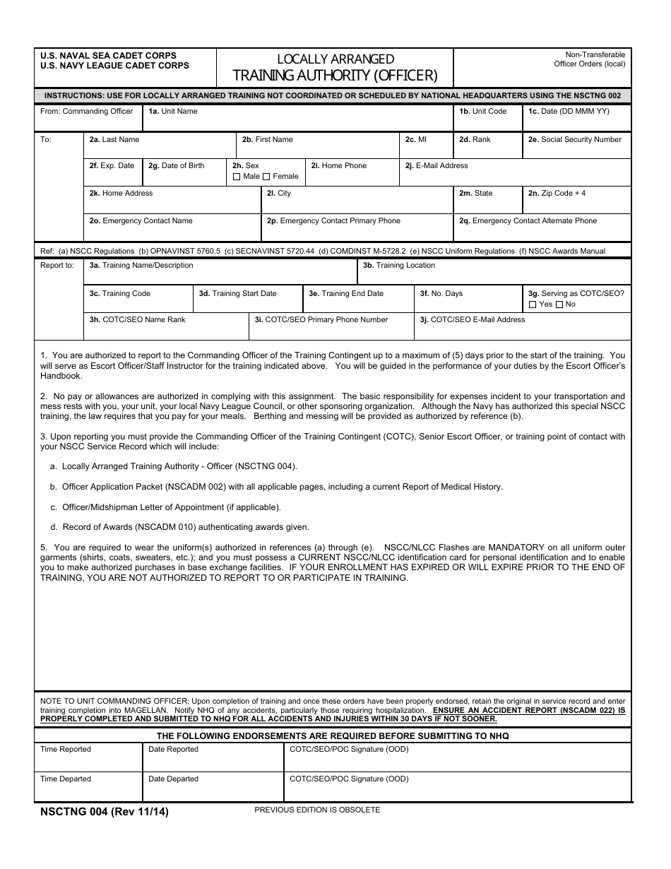 NSCTNG Form 004 Locally Arranged Training Authority (Officer), Page 1