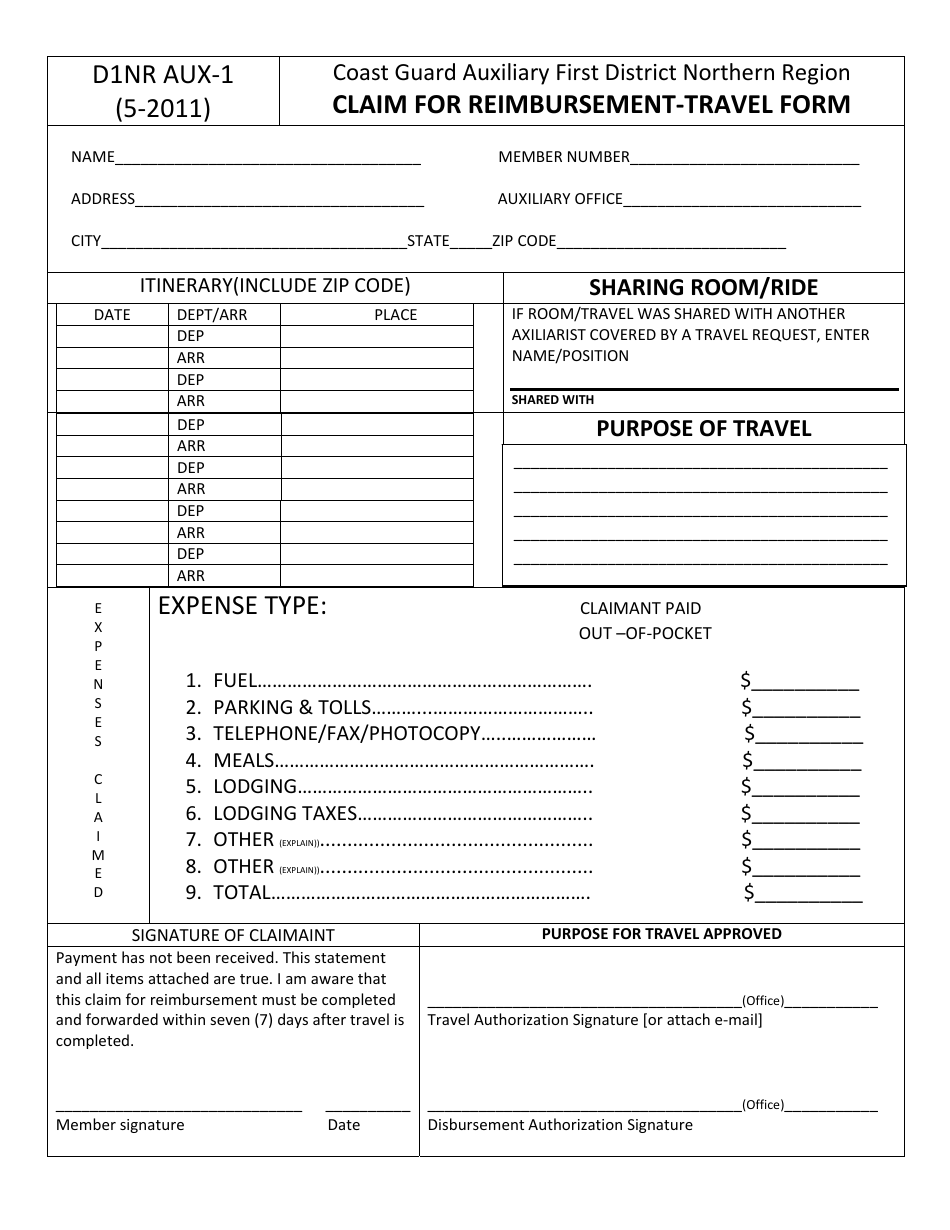 Form D1NR AUX-1 Claim for Reimbursement - Travel Form, Page 1