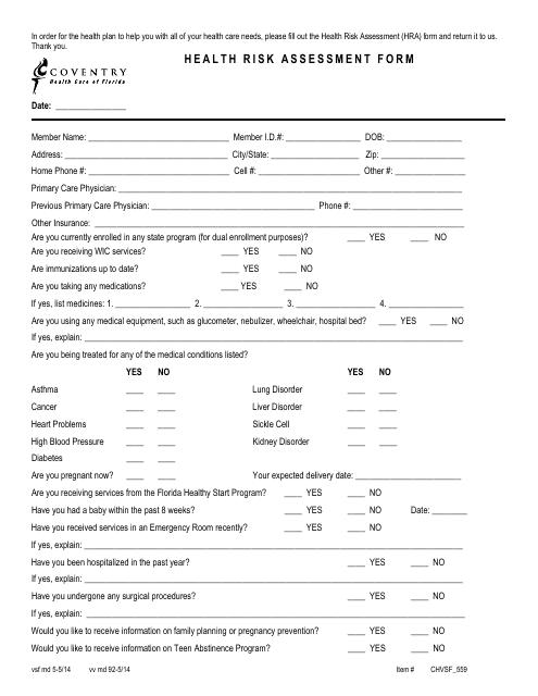 Health Risk Assessment Form - Coventry Health Care of Florida - Florida Download Pdf