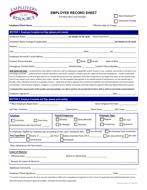 Employee Record Form - Employers Resource Download Pdf