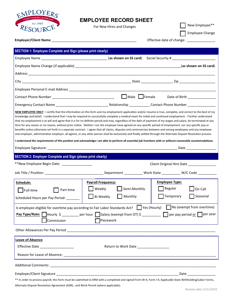 Employee Record Form Employers Resource Fill Out, Sign Online and
