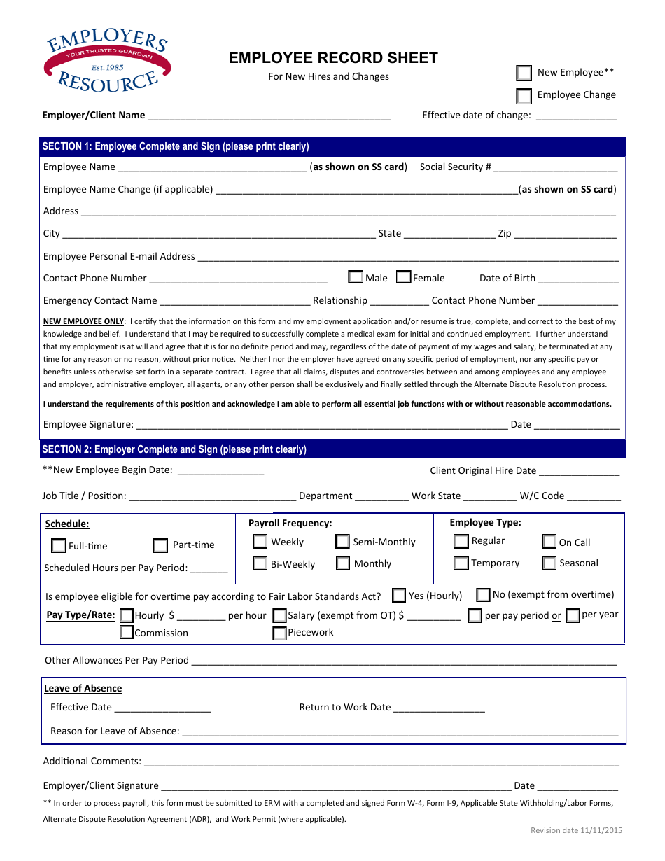 Employee Record Form Employers Resource Fill Out Sign Online And 