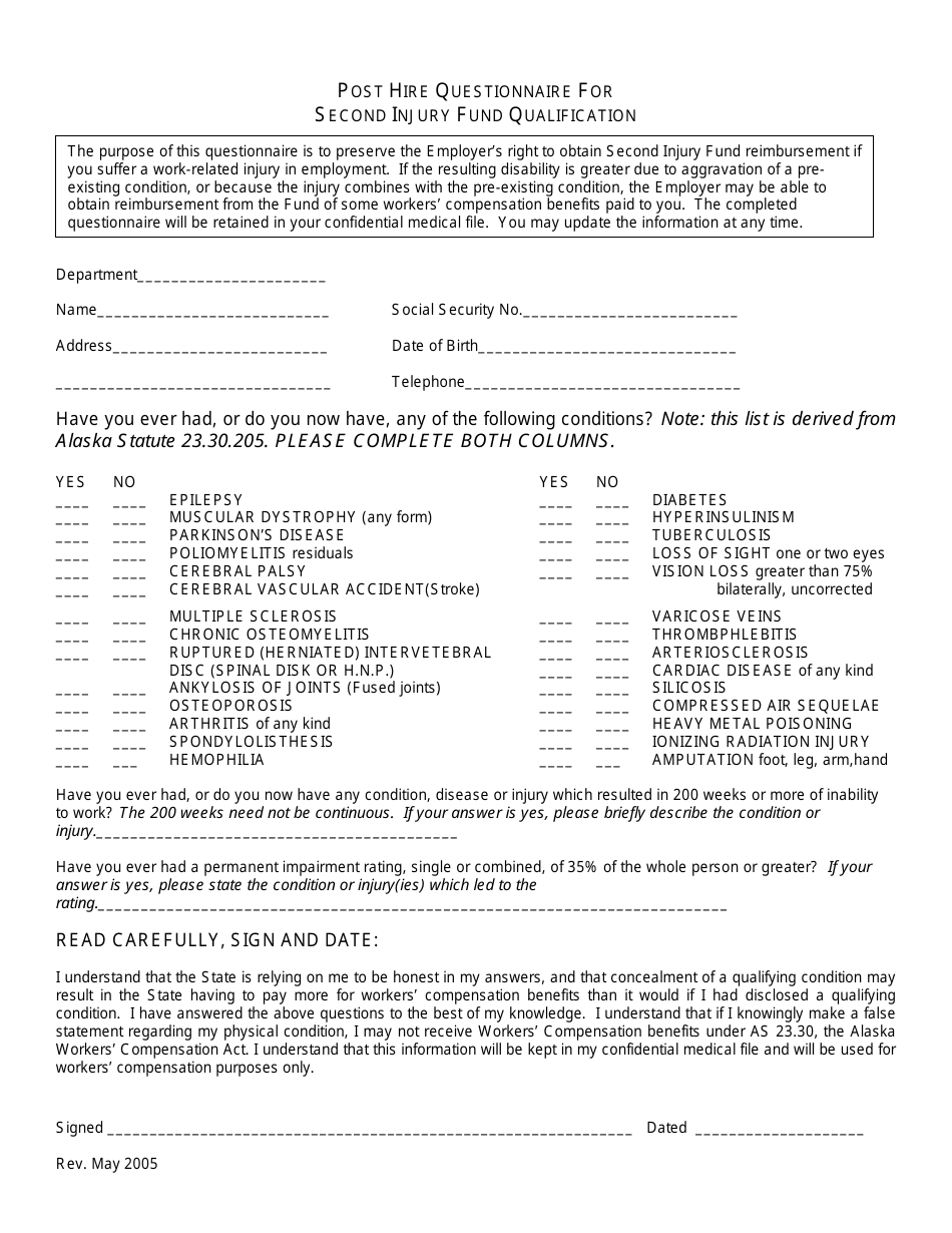 Post Hire Questionnaire for Second Injury Fund Qualification - Alaska, Page 1