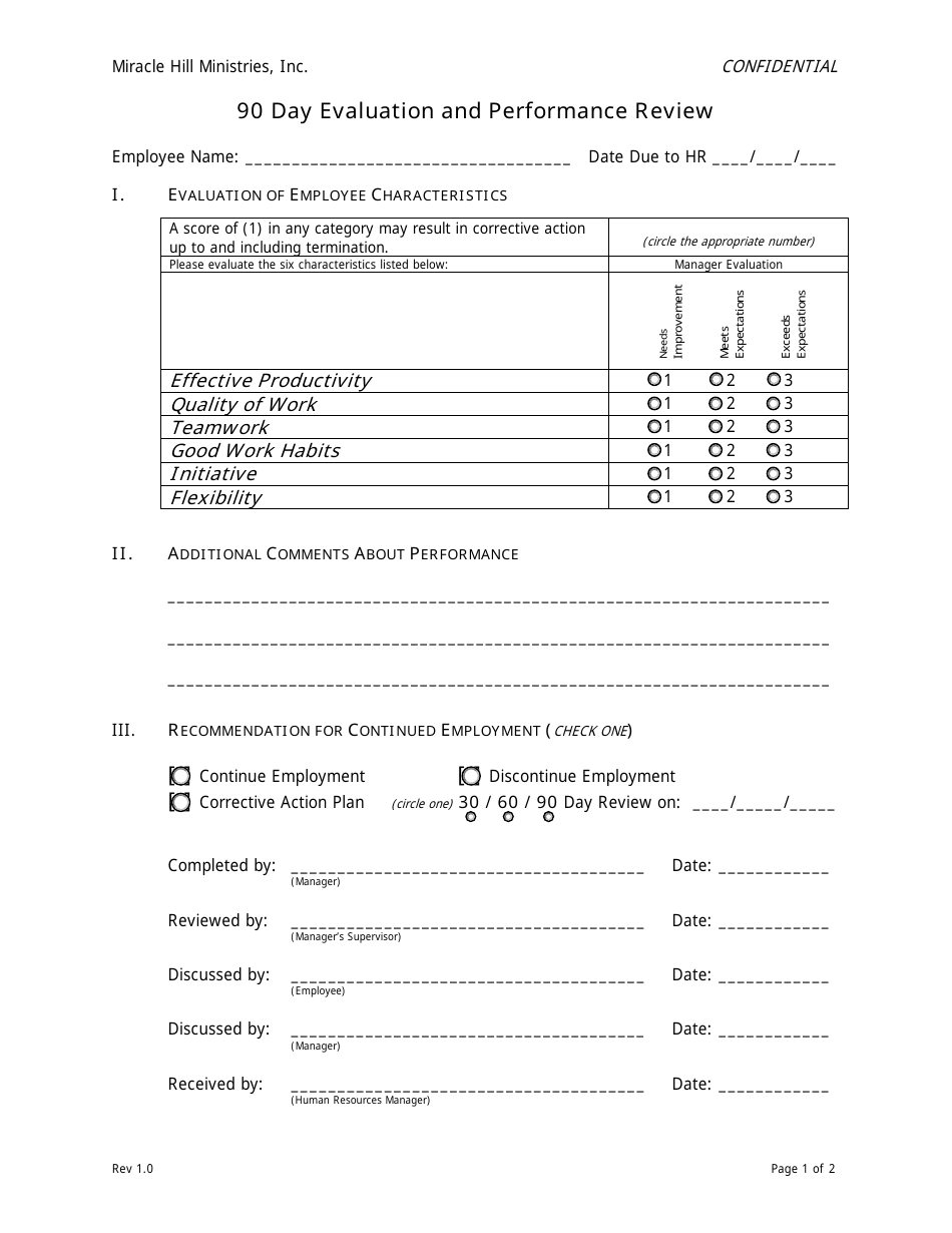 90 Day Evaluation and Performance Review Form - Miracle Hill Ministries, Page 1