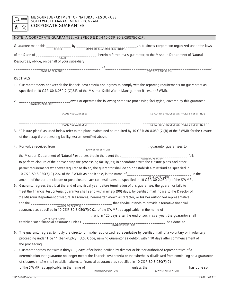 Form MO780-1270 Corporate Guarantee - Missouri, Page 1