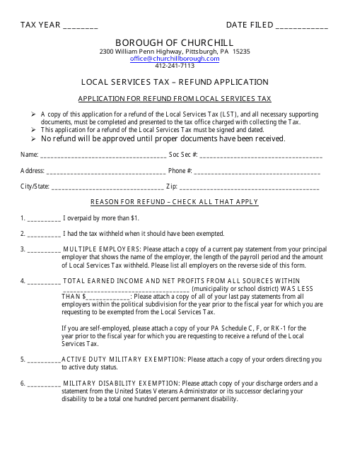 Application for Refund From Local Services Tax - Borough of Churchill, Pennsylvania Download Pdf