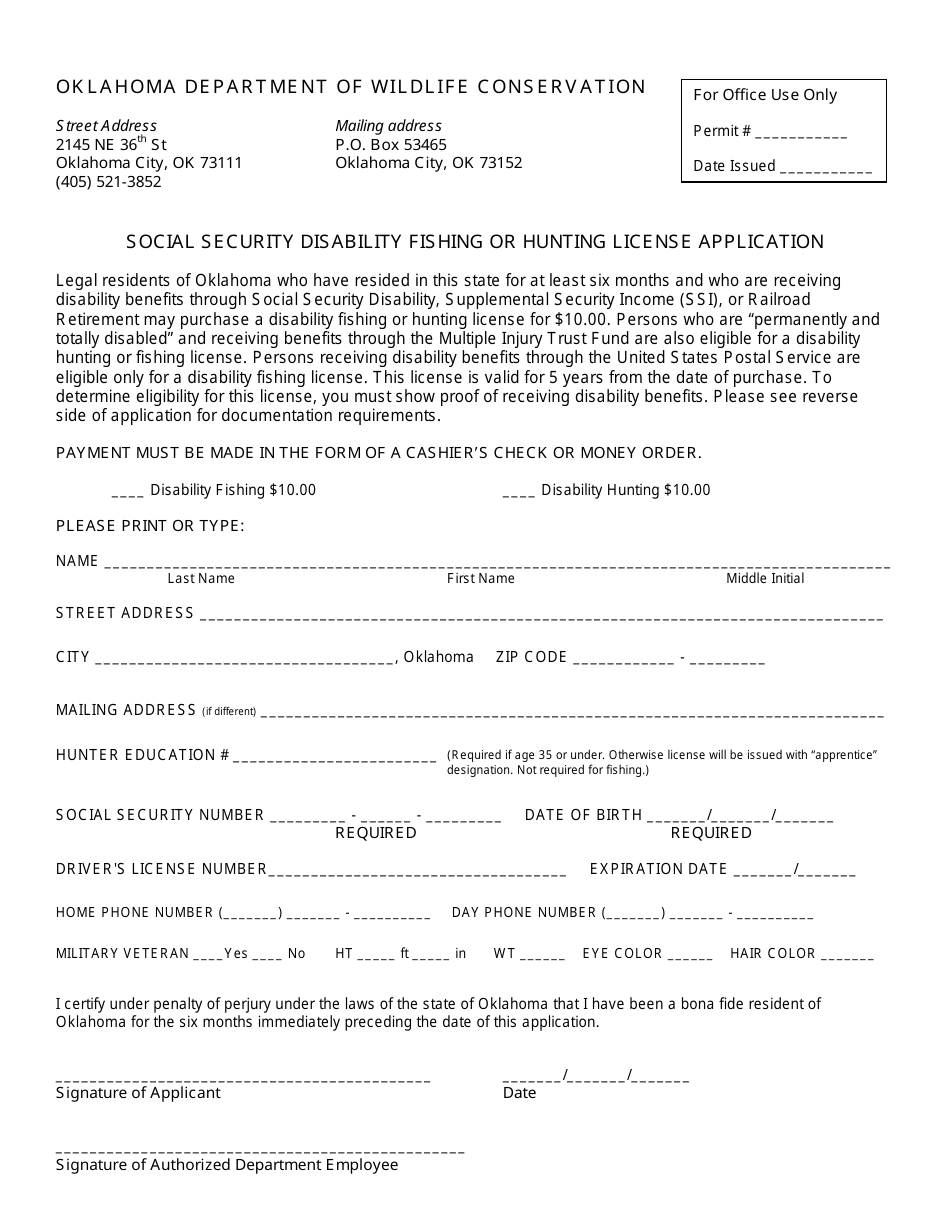 Social Security Disability Fishing or Hunting License Application Form - Oklahoma, Page 1