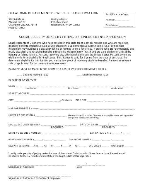 Social Security Disability Fishing or Hunting License Application Form - Oklahoma Download Pdf