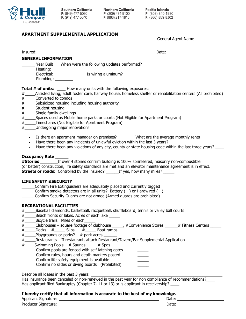 Apartment Supplemental Application Form - Hull  Company, Page 1