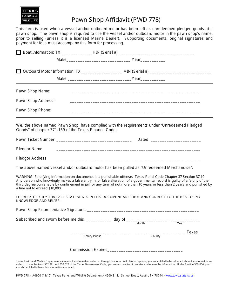 Form PWD778 Pawn Shop Affidavit - Texas, Page 1