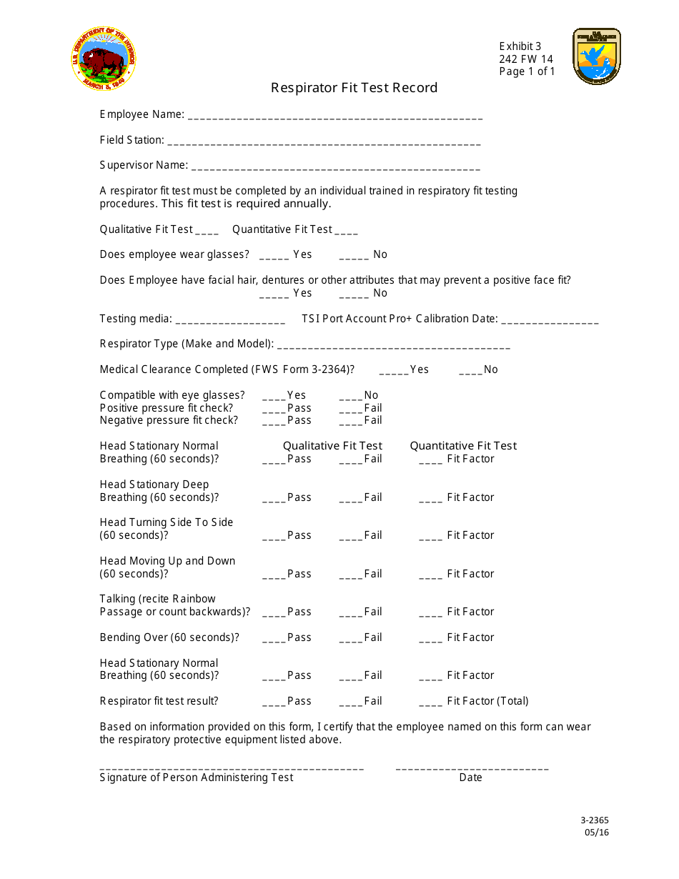 Form 3-2365 Respirator Fit Test Record Form, Page 1
