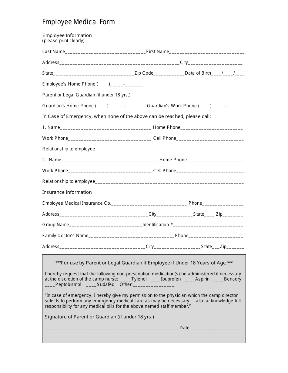 Employee Medical Form, Page 1