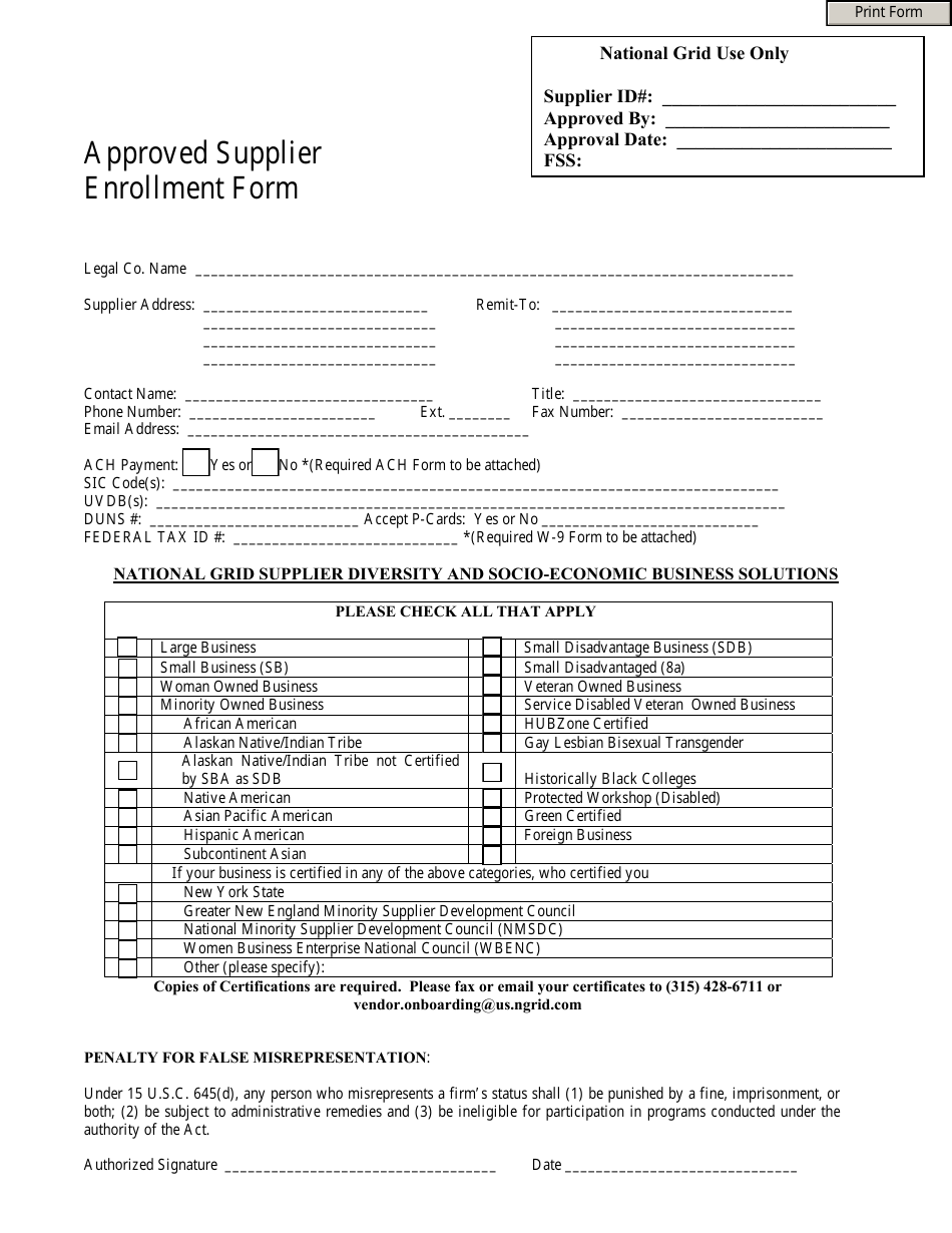 Approved Supplier Enrollment Form, Page 1