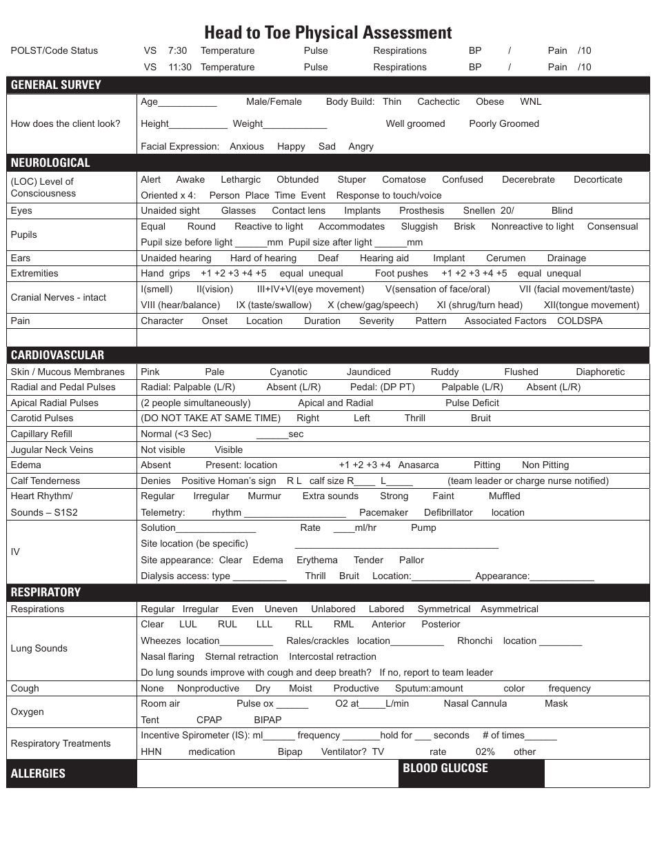Head to Toe Physical Assessment Form for Students, Page 1