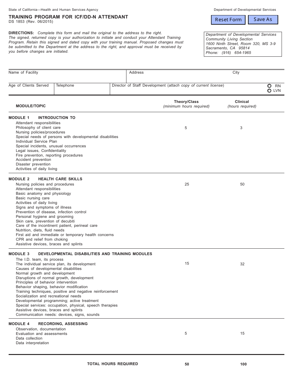 Form DS1853 Training Program for Icf / DD-N Attendant - California, Page 1
