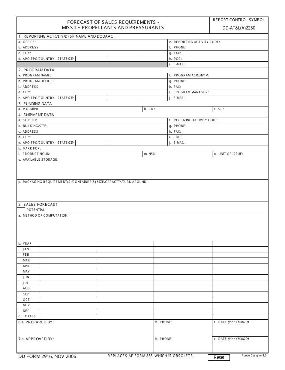 DD Form 2916 Forecast of Sales Requirements Form, Page 1