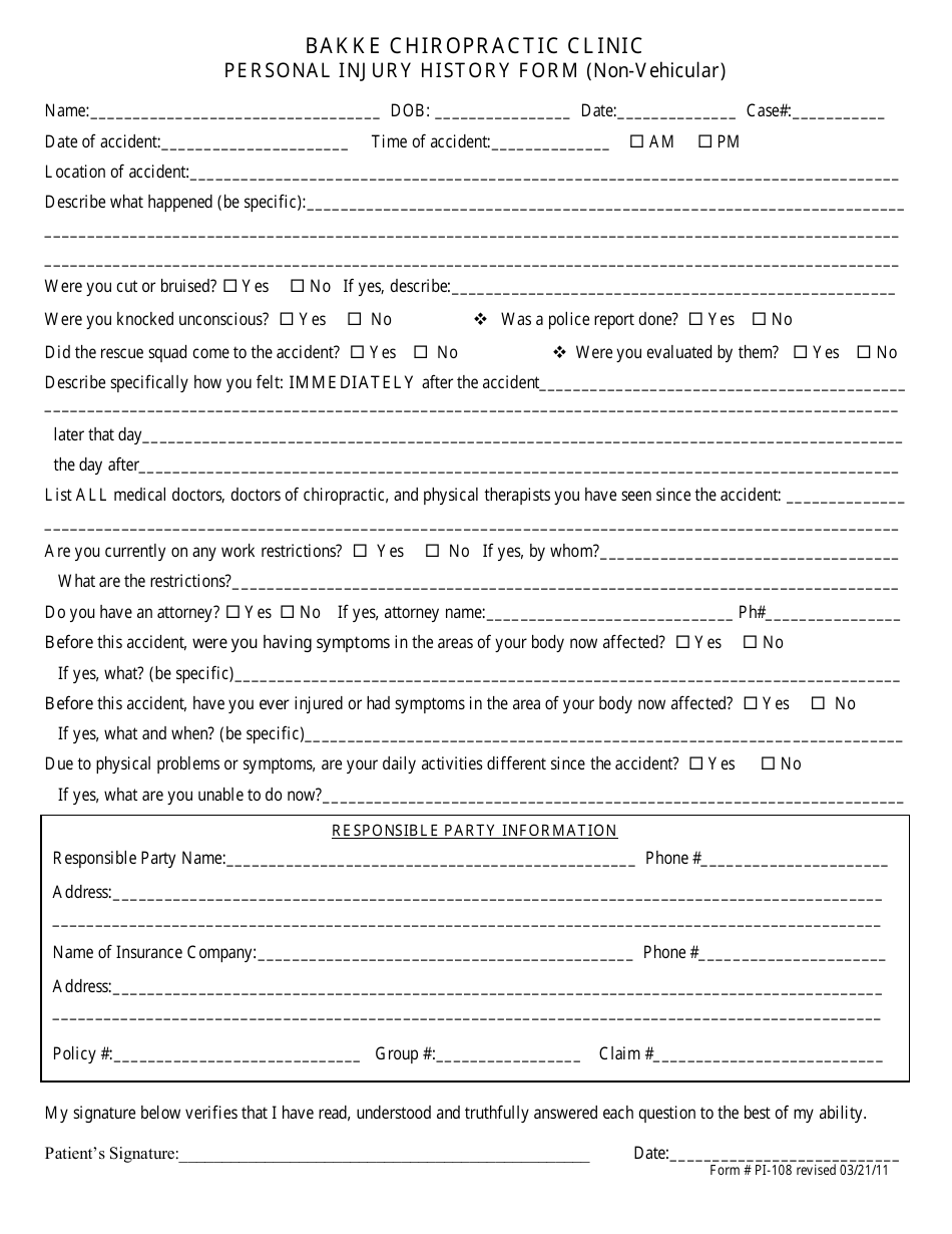 Personal Injury History Form (Non-vehicular) - Bakke Chiropractic Clinic, Page 1