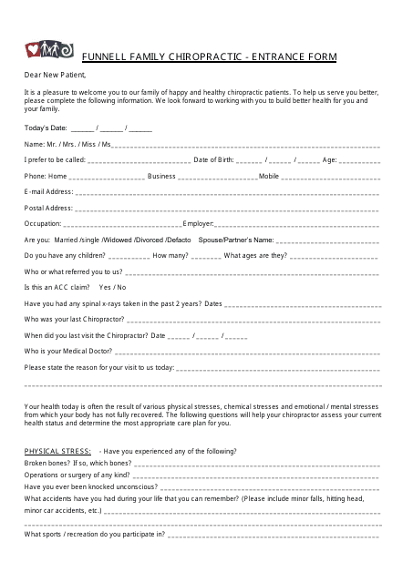 Chiropractic Patient Entrance Form - Funnel Family Chiropractic Download Pdf