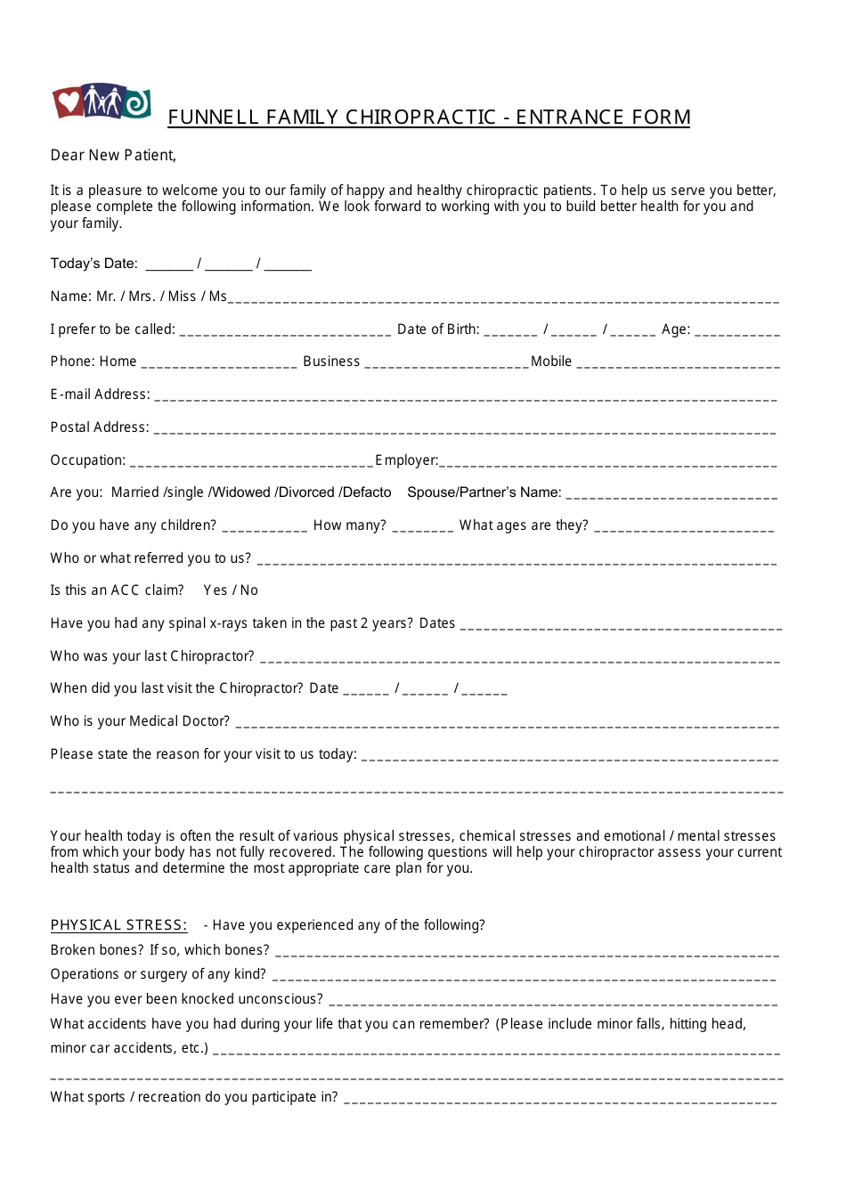 Chiropractic Patient Entrance Form - Funnel Family Chiropractic, Page 1