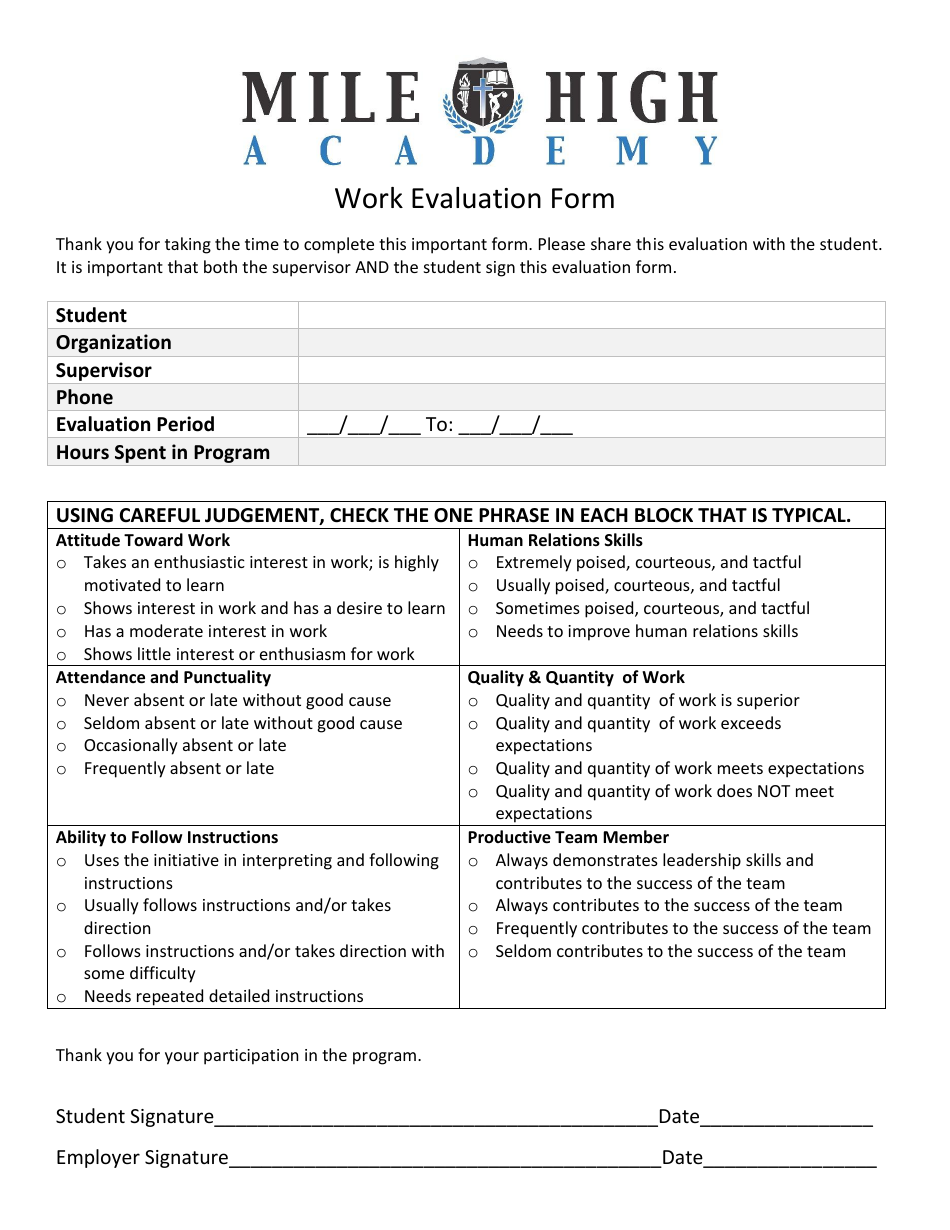 Work Evaluation Form - Mile High Academy, Page 1