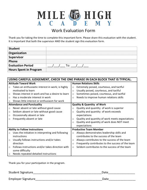 Work Evaluation Form - Mile High Academy