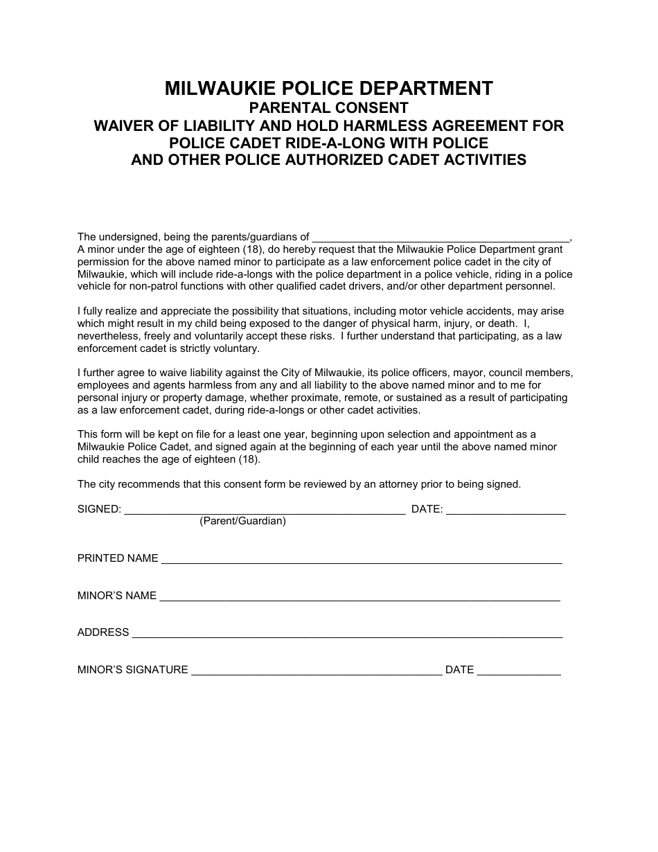 Parental Consent Waiver of Liability and Hold Harmless Agreement for Police Cadet Ride-A-long With Police and Other Police Authorized Cadet Activities - Milwaukie, Oregon, Page 1