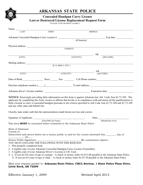 Lost or Destroyed License Replacement Request Form - Concealed Handgun Carry License - Arkansas