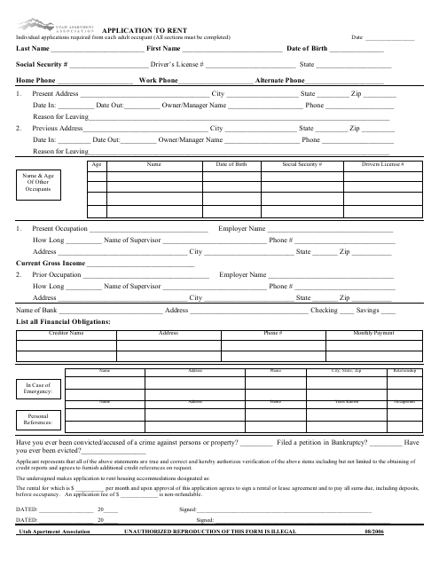 Preview of Utah Application to Rent