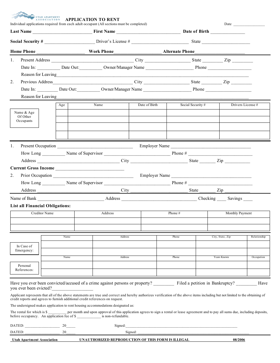 Preview of Utah Application to Rent