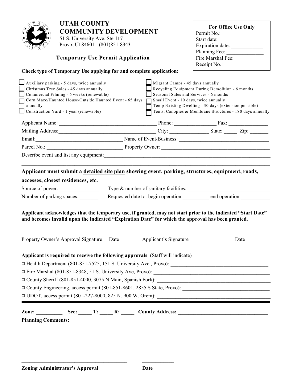 Temporary Use Permit Application Form - Utah County, Utah, Page 1
