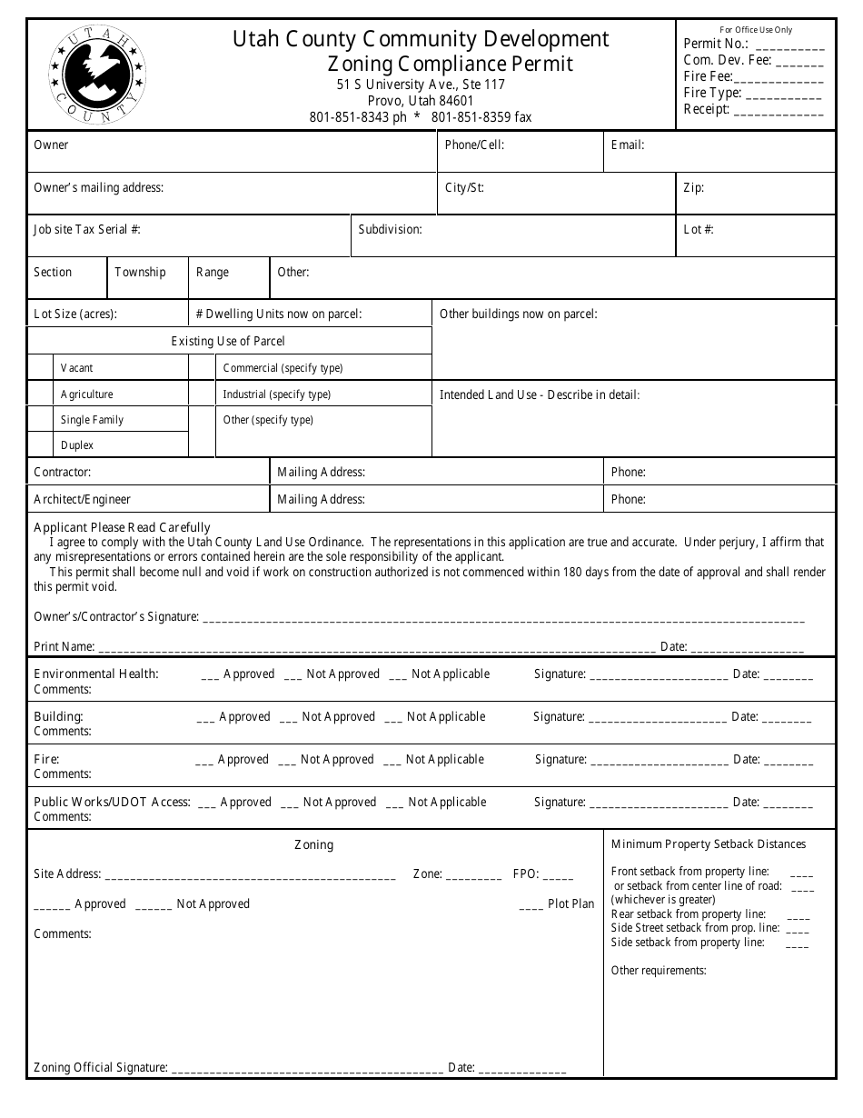 Zoning Compliance Permit Form - Utah County, Utah, Page 1