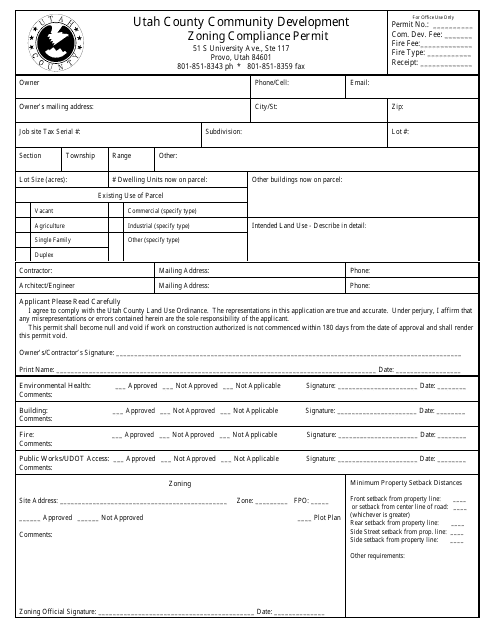 Zoning Compliance Permit Form - Utah County, Utah
