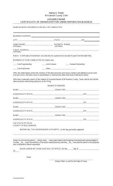 Assumed Name Certificate of Ownership for Unincorporated Business - Williamson County, Texas Download Pdf