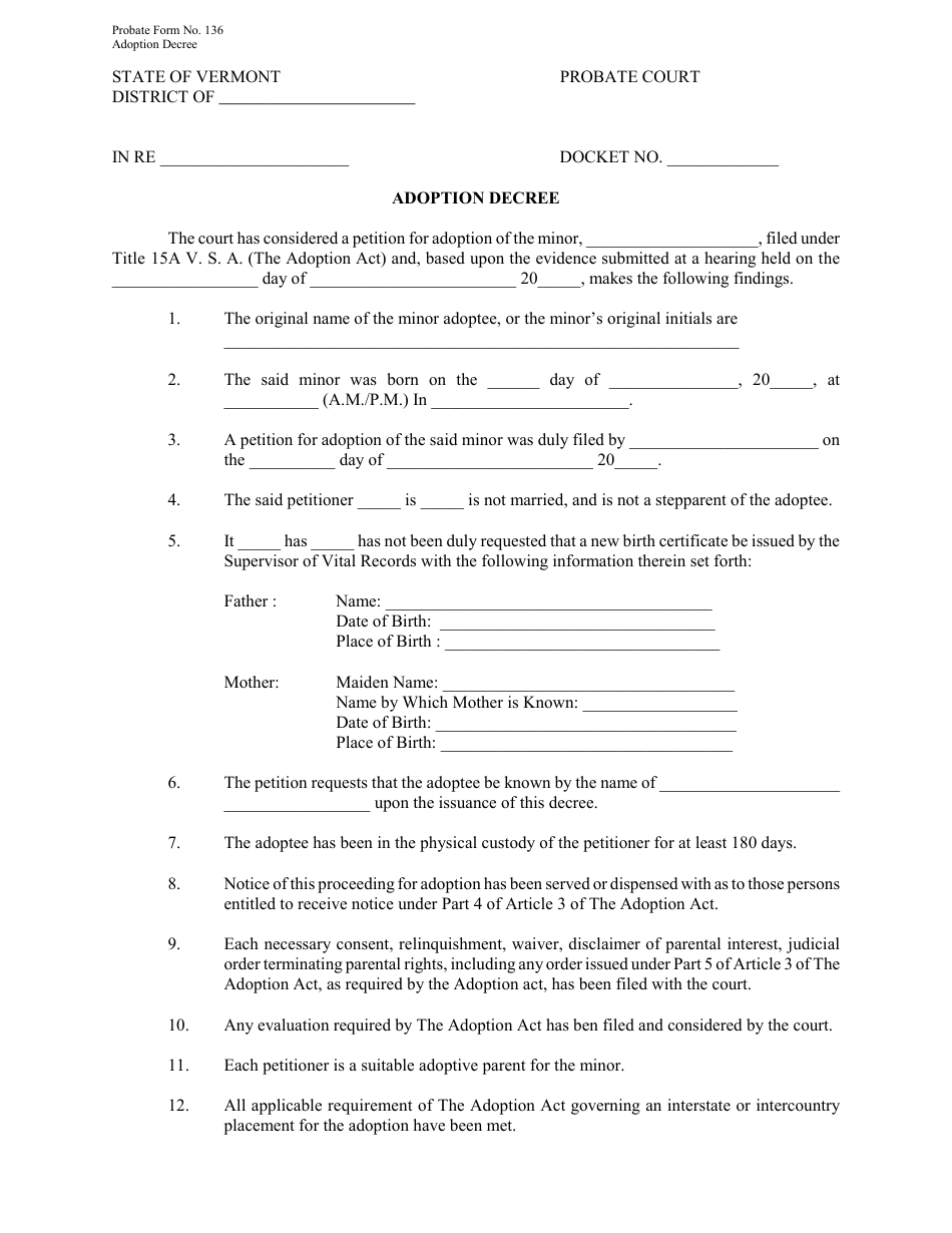 Form 136 Adoption Decree - Vermont, Page 1