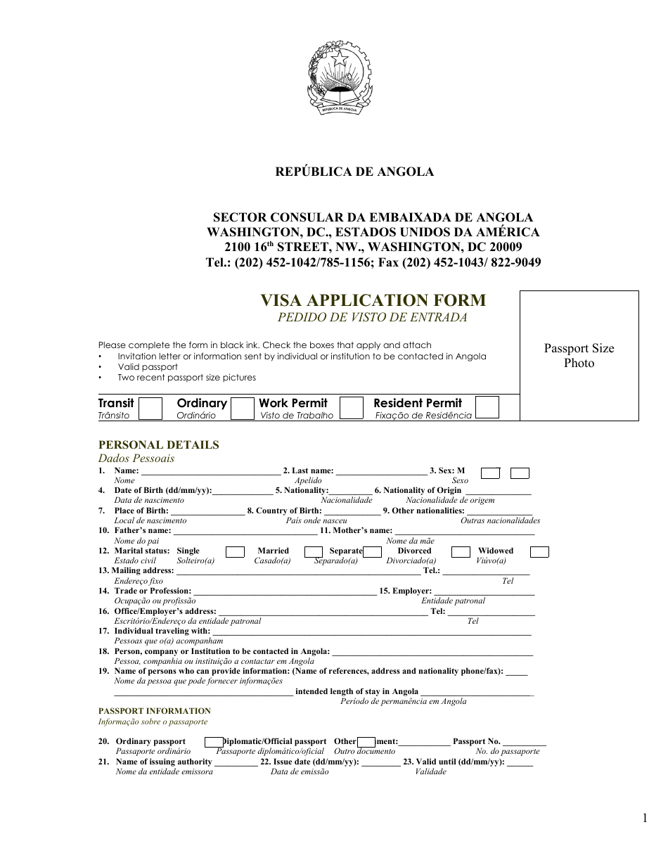 Angolan Visa Application Form - Embassy of Republic of Angola - Washington, D.C. (English / Portuguese), Page 1