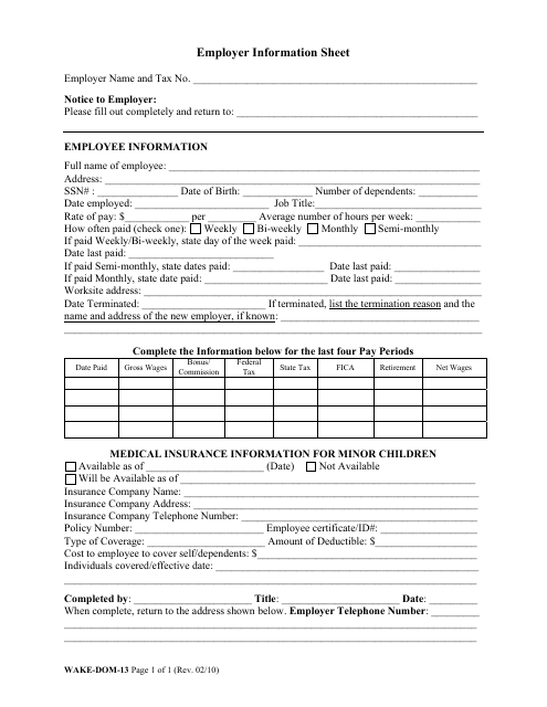 Form WAKE-DOM-13 Employer Information Sheet - North Carolina