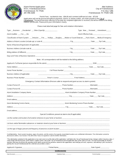 Alarm Permit Application Form - CIty of Friendswood, Texas