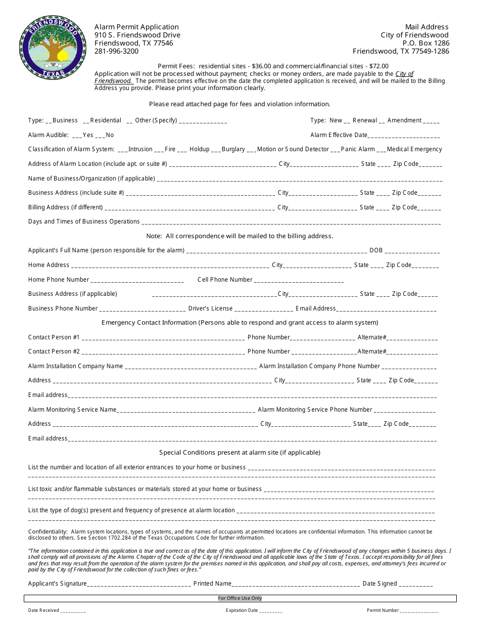 Alarm Permit Application Form - CIty of Friendswood, Texas, Page 1
