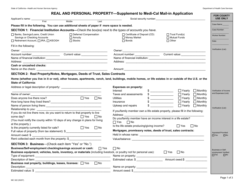 Form MC322 Real and Personal Property - Supplement to Medi-Cal Mail-In Application - California, Page 1