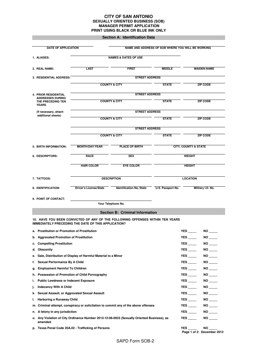 SAPD Form SOB-2 Manager Permit Application - Sexually Oriented Business - City of San Antonio, Texas, Page 1