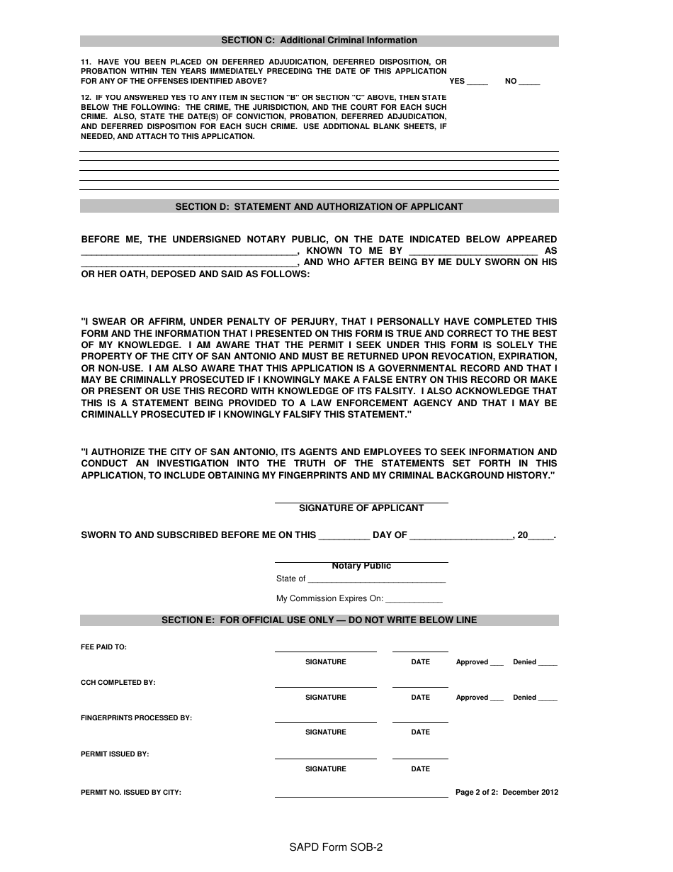 SAPD Form SOB-2 - Fill Out, Sign Online and Download Printable PDF ...