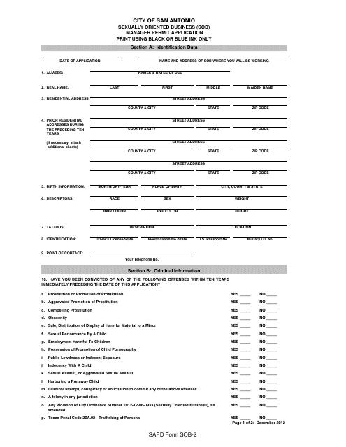 SAPD Form SOB-2  Printable Pdf