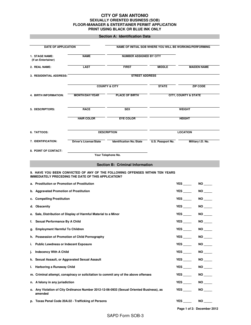 SAPD Form SOB-3 Floor Manager  Entertainer Permit Application - Sexually Oriented Business - City of San Antonio, Texas, Page 1