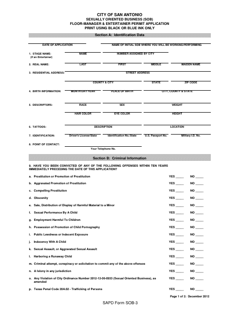 SAPD Form SOB-3 Floor Manager & Entertainer Permit Application - Sexually Oriented Business - City of San Antonio, Texas