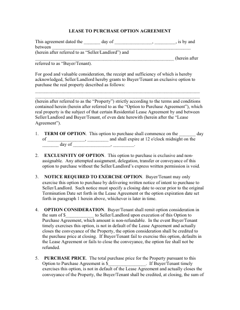 Lease to Purchase Option Agreement Form Download Pdf