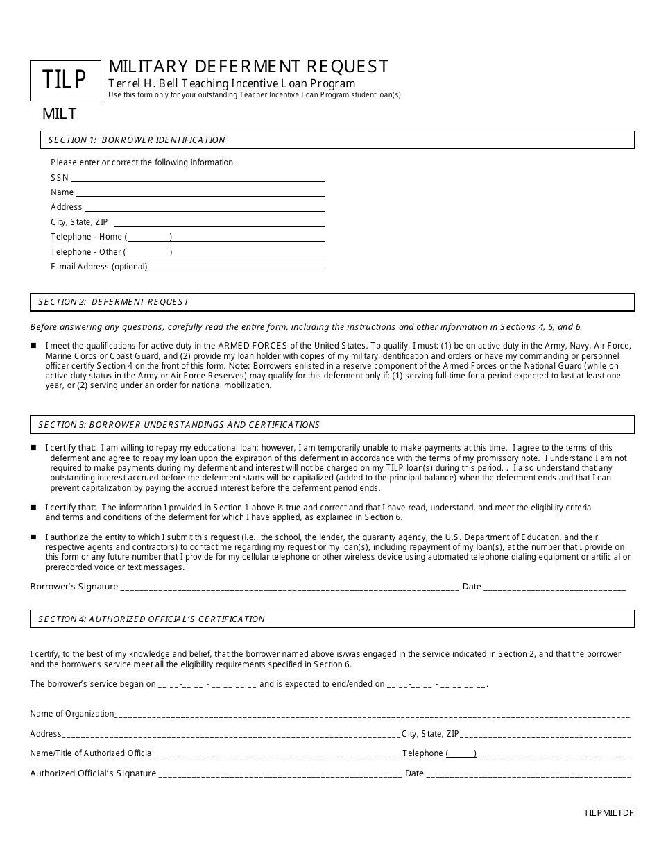 Military Deferment Request Form, Page 1