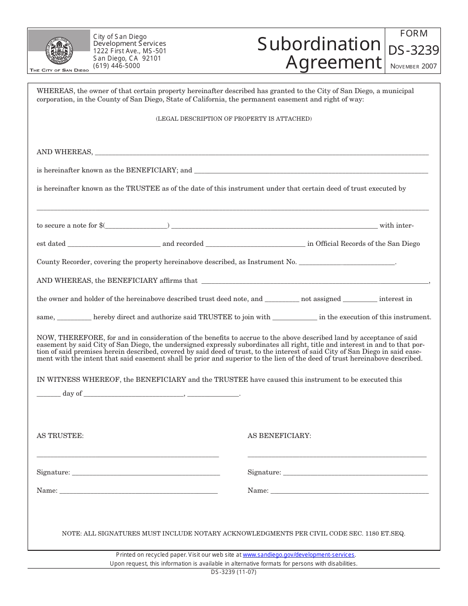 Form DS-3239 Subordination Agreement - City of San Diego, California, Page 1